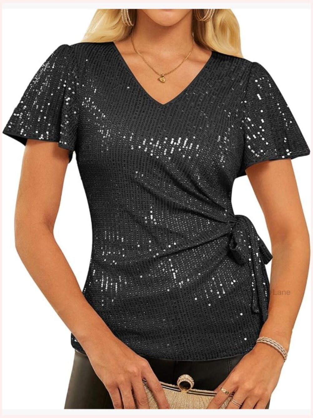 Sequin Ruffle Sleeve Sparkly Blouse Glitter Party Top Dressy Concert Shirt
